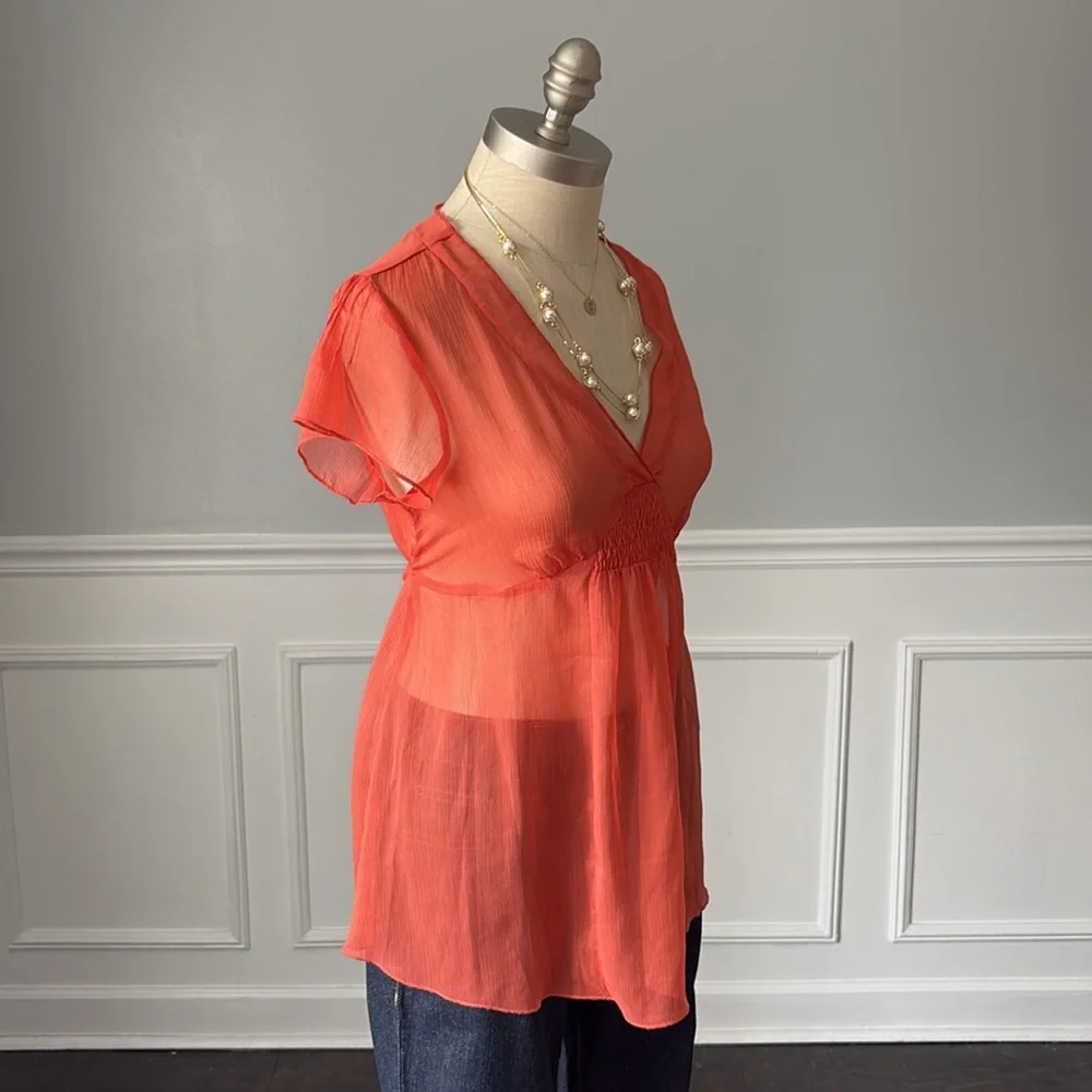 Mimi Maternity Chiffon Empire Waist Flutter Sleeve Blouse Coral Orange M NWOT